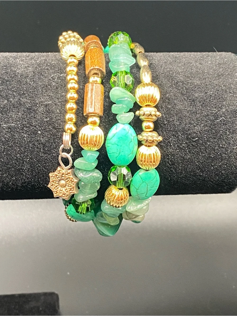 Boho multi strand Green Gold tone & wood Beaded Stretch Bracelet